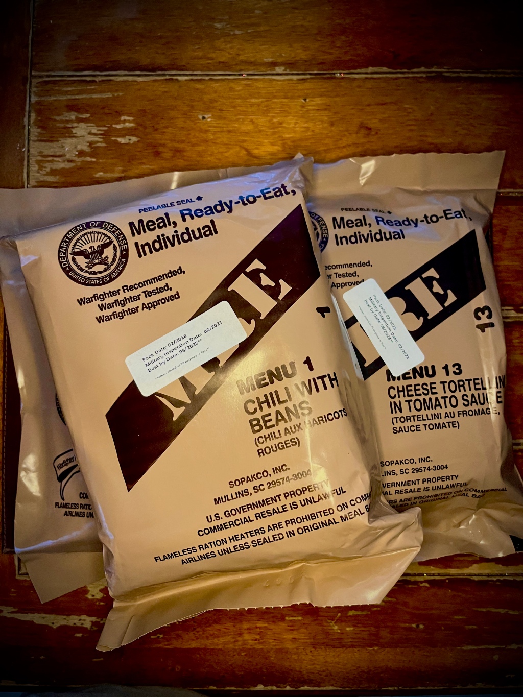 a 3-pack of MREs, all unopened
