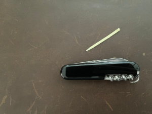 A Swiss Army knife with its toothpick detached